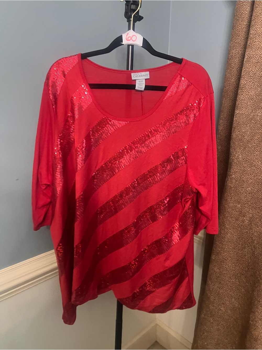 Catherines Red Sequin Diagonal Stripe Scoop-Neck Top